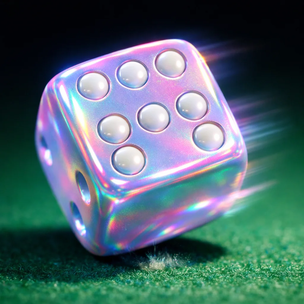 Dobbelstenen in beweging boven een craps tafel in pastelkleuren